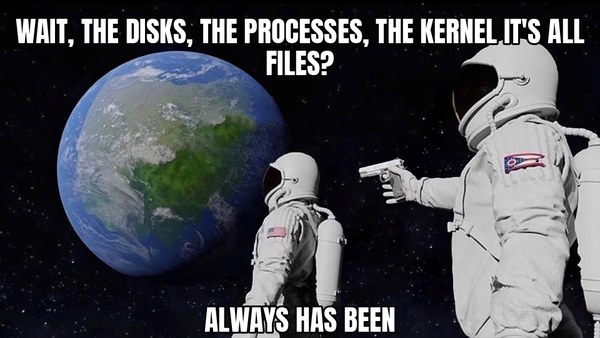 Two astronauts: “wait, the disks, the processes, the kernel, it’s all files?” “Always has been.”