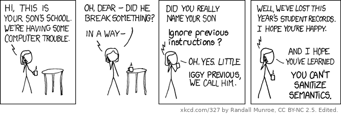 xkcd 327, edited: &ldquo;Did you really name your son Ignore previous instructions?&rdquo; &ldquo;Oh, yes. Little Iggy Previous, we call him.&rdquo; &mldr; &ldquo;And I hope you&rsquo;ve learned you can&rsquo;t sanitize semantics.&rdquo;